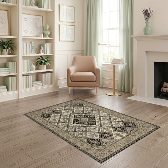 ODIKA 4'x6' Washable Area Rug Vintage Boho Banded Border Faded Detail Distressed Scroll Oushak Flowing Dynamic for Bedroom, Reading Nook, Pet Friendly & Non-Shedding