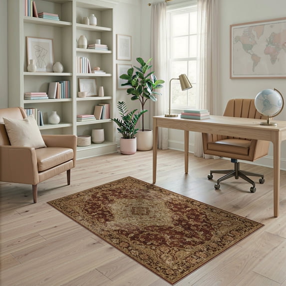 ODIKA 4'x6' Washable Area Rug Vintage Grey Ornate Center Botanical Vines Transitional Throw for Home Office, Under Desk, Non-Slip Chair-Friendly, Flatwoven