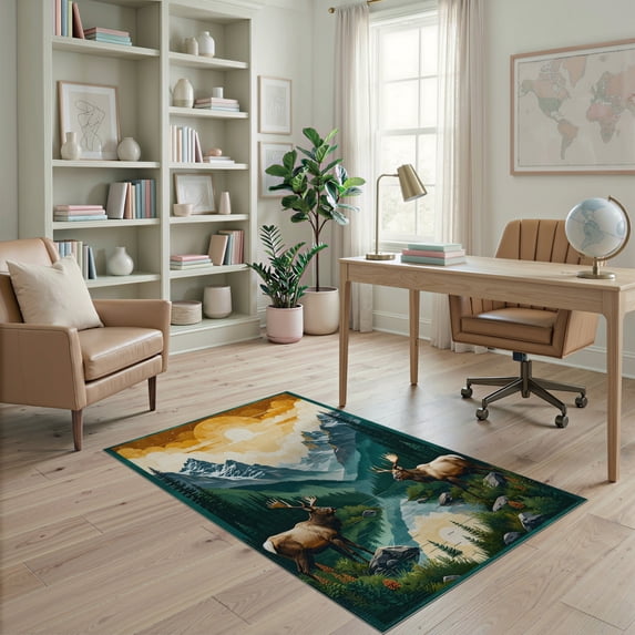 ODIKA 4'x6' Washable Area Rug Vintage Landscape Border Woodland Scenery Prints Cabin Wildlife for Dorm Room, Small Living Stain Resistant Low Profile, Easy Care
