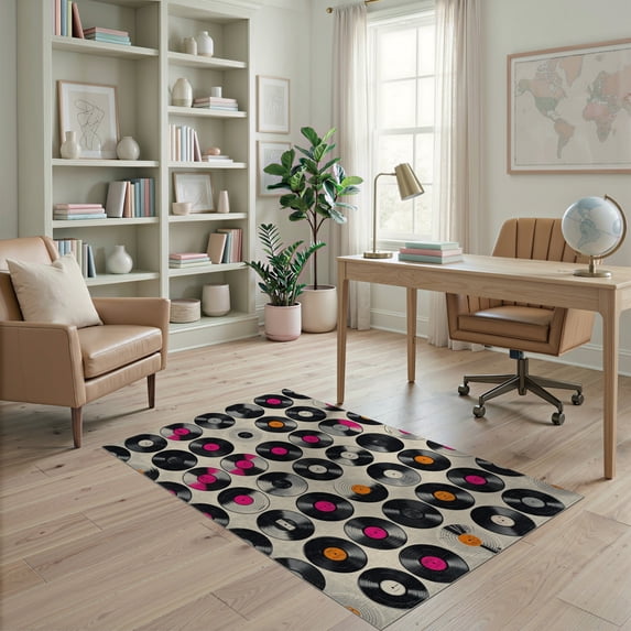 ODIKA 4'x6' Washable Area Rug Vinyl Record Retro Soundwave Design With Repeating Music Note Grid for Home Office, Under Desk, Non-Slip Chair-Friendly, Flatwoven