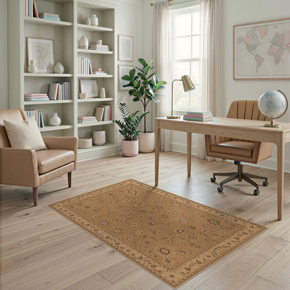 ODIKA 4'x6' Washable Area Rug Warm Beige Floral Elegance Intricate Borders Classic Garden Motif Design, for Dorm Room, Small Living Stain Resistant Low Profile, Easy Care