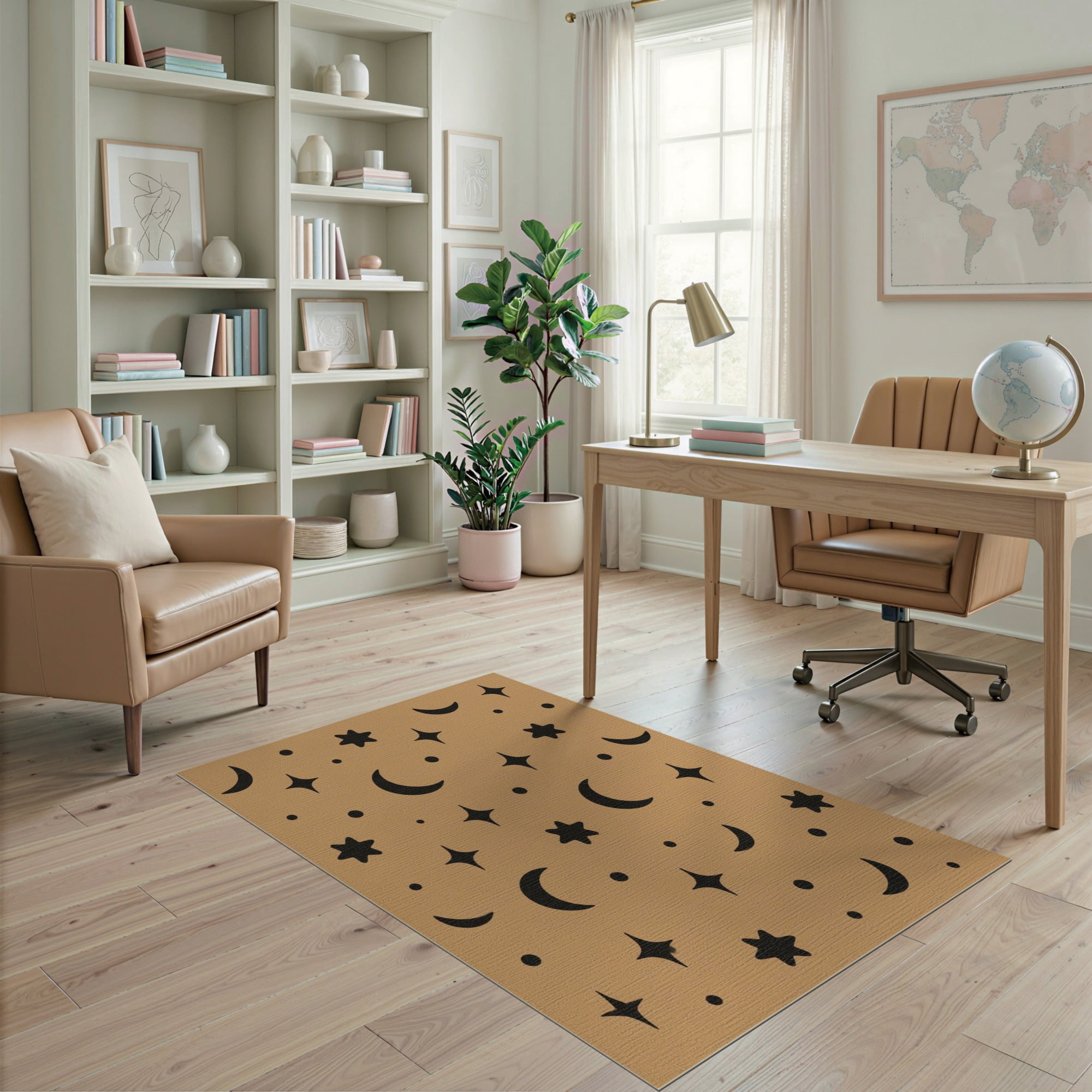ODIKA 4'x6' Washable Area Rug Warm Tan Celestial Motifs in Stylish ...