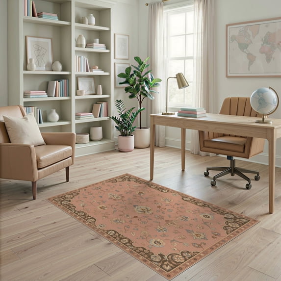 ODIKA 4'x6' Washable Area Rug Warm Terracotta Floral Elegance Intricate Botanical Motif with Ornate Border for Home Office, Under Desk, Non-Slip Chair-Friendly, Flatwoven