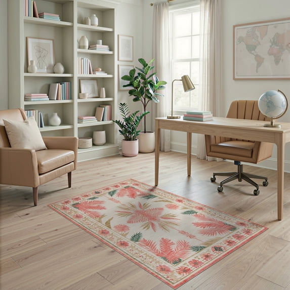 ODIKA 4'x6' Washable Area Rug Welcome Door Boho Geometric Border Pcs Striped Motif Botanical for Dorm Room, Small Living Stain Resistant Low Profile, Easy Care