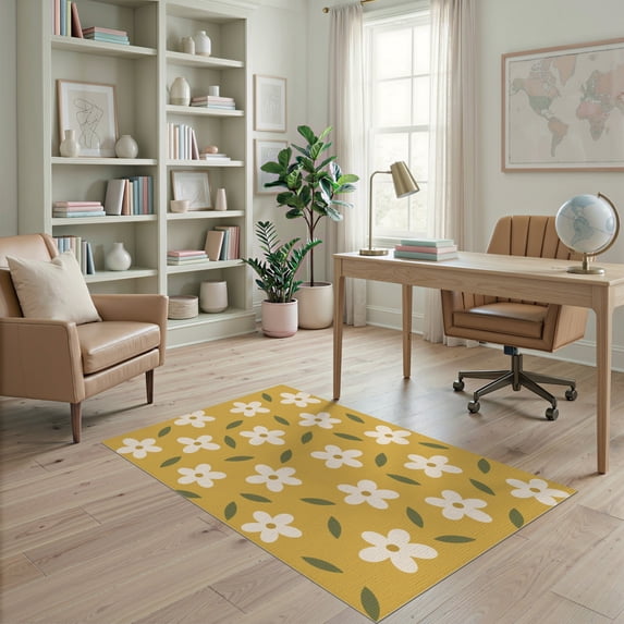ODIKA 4'x6' Washable Area Rug Yellow White Blossom Delight Accents Elegant Floral Leafy Touches for Dorm Room, Small Living Stain Resistant Low Profile, Easy Care