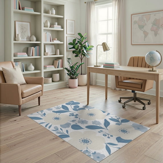 ODIKA 4'x6' White Blue Blossom Elegance for Modern Washable Area Rug Chic Floral Design with Serene Accents Pet Friendly, Non-Shedding for Bedroom, Reading Nook