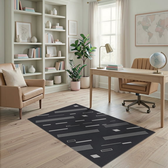 ODIKA 4'x6' White Dark Charcoal Geometric Lines Washable Area Rug Dynamic Abstract Pattern Design for Dorm Room, Small Living Stain Resistant Low Profile, Easy Care