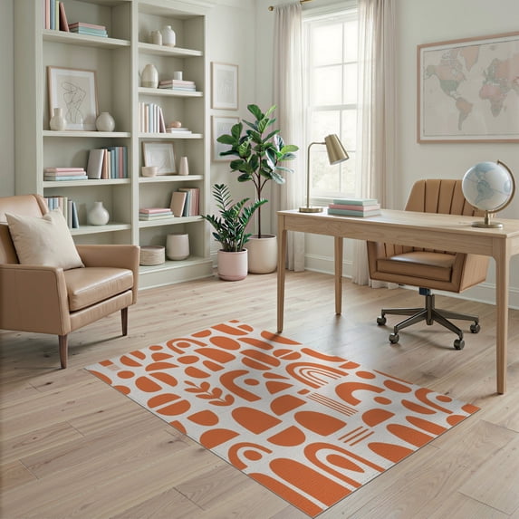 ODIKA 4'x6' White Orange Mid-Century Geometric Design Washable Area Rug Abstract Shapes with Retro Modern Appeal for Dorm Room, Small Living Stain Resistant Low Profile, Easy Care