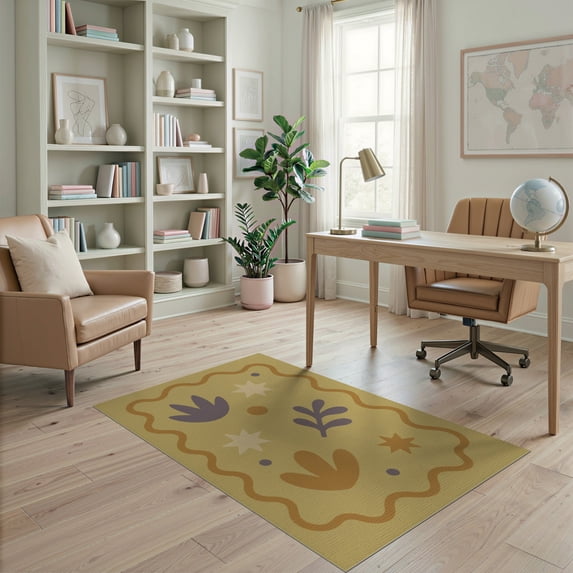 ODIKA 4'x6' Yellow Soft Charm with Playful Nature Washable Area Rug Elegant Star and Leaf Patterns for Modern Decor Non-Slip, Chair-Friendly, Flatwoven for Home Office, Under Desk