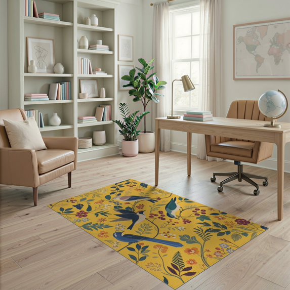 ODIKA 4'x6' Yellow Vibrant Avian Paradise Garden Washable Area Rug Elegant Floral and Bird Motifs with Lush Foliage for Dorm Room, Small Living Stain Resistant Low Profile, Easy Care