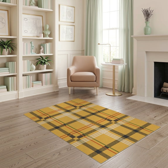ODIKA 4'x6' Yellow Vibrant Classic Tartan Design Washable Area Rug Elegant Plaid with Timeless Appeal for Any Decor for Home Office, Under Desk, Non-Slip Chair-Friendly, Flatwoven