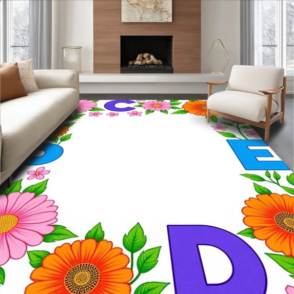 ODIKA 4'x6' Machine Washable Non-Slip Area Rug, ABC Discovery Garden Phonics Teaching High Traffic Rug with Pad, Pink, 694056