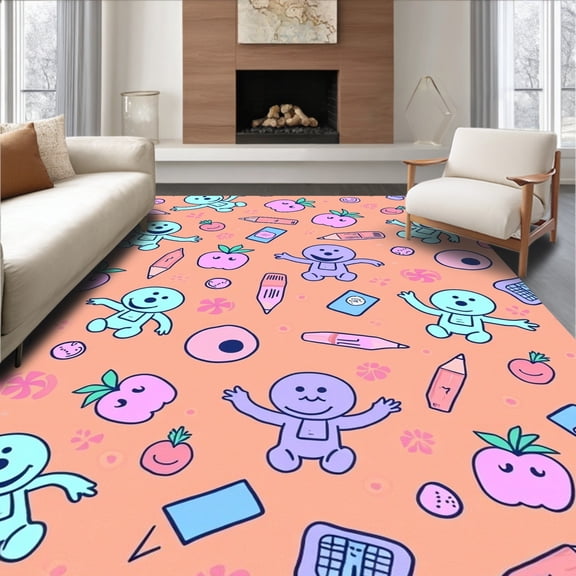 ODIKA 4'x6' Machine Washable Non-Slip Area Rug, ABC Discovery with Interactive Learning Symbols High Traffic Rug, Orange, 690185