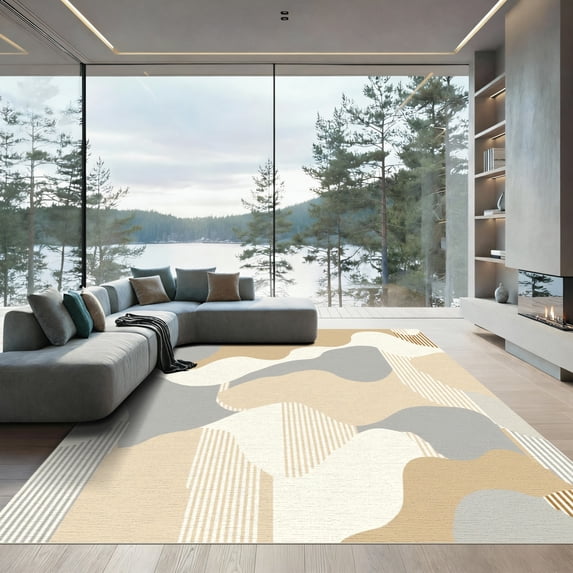 ODIKA 4'x6' Machine Washable Non-Slip Area Rug, Abstract Beige High Traffic Rug, Beige, 1040527