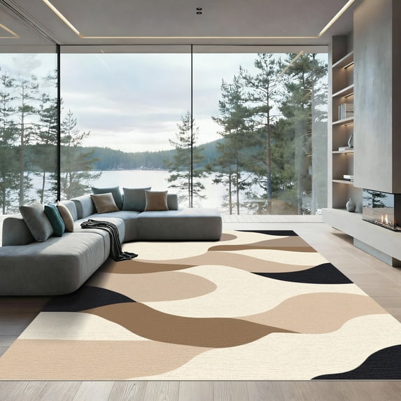 ODIKA 4'x6' Machine Washable Non-Slip Area Rug, Abstract Beige High Traffic Rug, Beige, 1095401