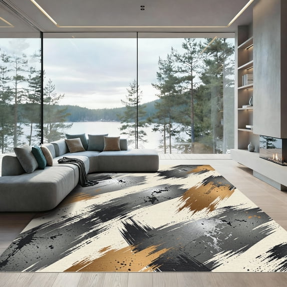 ODIKA 4'x6' Machine Washable Non-Slip Area Rug, Abstract Beige High Traffic Rug, Beige, 935974