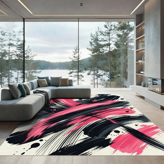 ODIKA 4'x6' Machine Washable Non-Slip Area Rug, Abstract Black High Traffic Rug, Pink, 985071
