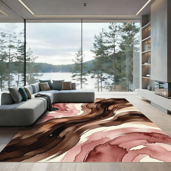 ODIKA 4'x6' Machine Washable Non-Slip Area Rug, Abstract Blush Pink High Traffic Rug, Beige, 1184374