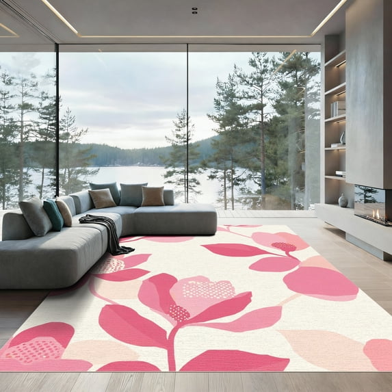 ODIKA 4'x6' Machine Washable Non-Slip Area Rug, Abstract Blush Pink High Traffic Rug, Pink, 1082513