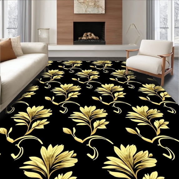 ODIKA 4'x6' Machine Washable Non-Slip Area Rug, Abstract Botanical Vine with Metallic Highlights High Traffic Rug with Pad, Black, 462805