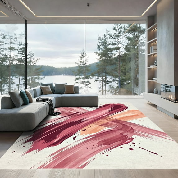 ODIKA 4'x6' Machine Washable Non-Slip Area Rug, Abstract Burgundy High Traffic Rug, Pink, 1173436