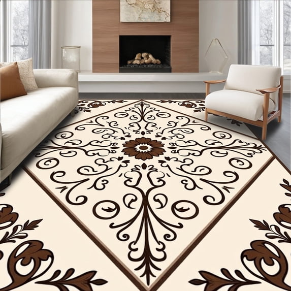 ODIKA 4'x6' Machine Washable Non-Slip Area Rug, Abstract Damask Scrollwork Profile Rubber Backed High Traffic Rug with Pad, Beige, 596035