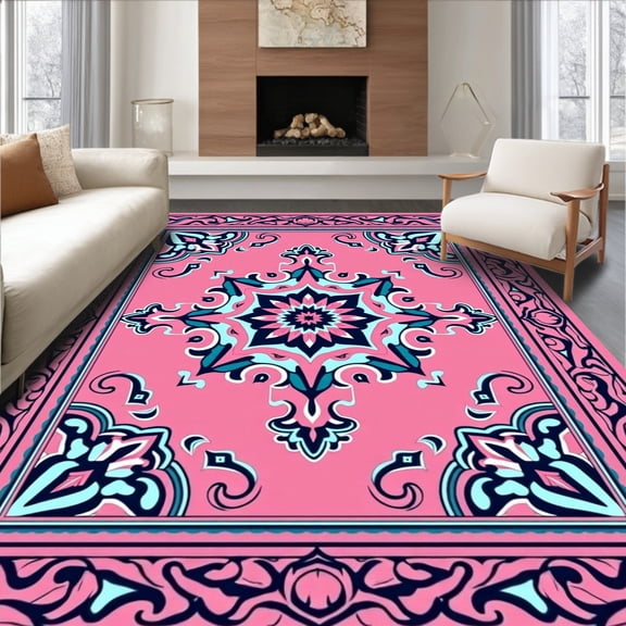 ODIKA 4'x6' Machine Washable Non-Slip Area Rug, Abstract Floral Swirl Artistic Faded Timeless Treasure High Traffic Rug, Pink, 662801