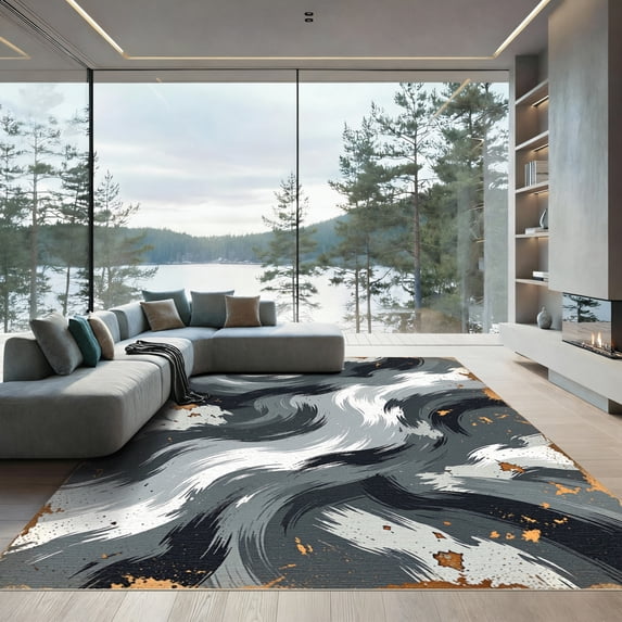 ODIKA 4'x6' Machine Washable Non-Slip Area Rug, Abstract Gray High Traffic Rug, Gray, 935964