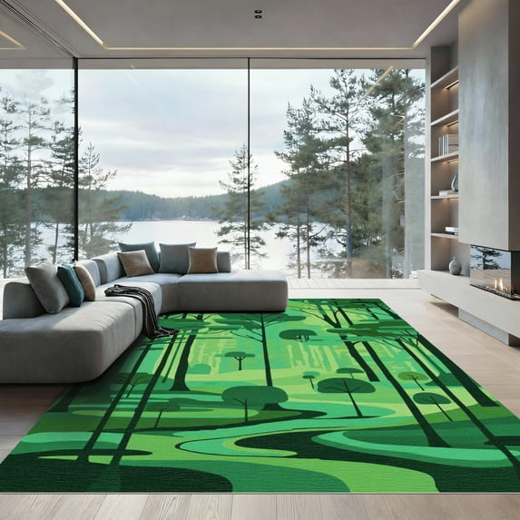 ODIKA 4'x6' Machine Washable Non-Slip Area Rug, Abstract Green High Traffic Rug with Pad, Green, 1050342
