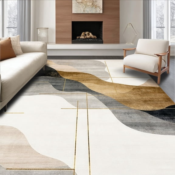 ODIKA 4'x6' Machine Washable Non-Slip Area Rug, Elegant Abstract with Neutral Earth Tones & Modern Accent High Traffic Rug, Beige, 85971