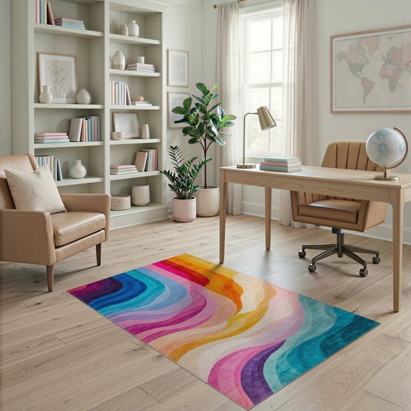 ODIKA 4'x6' Abstract Multicolor Washable Area Rug for Home Office, Under Desk, Non-Slip Chair-Friendly, Flatwoven