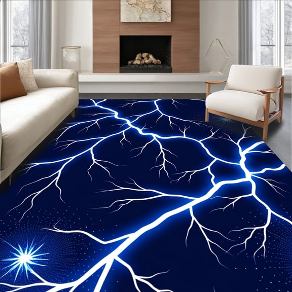 ODIKA 4'x6' Machine Washable Non-Slip Area Rug, Cosmic Thunder Lightning Storm Electric Bolt Design Floor High Traffic Rug, White, 553648