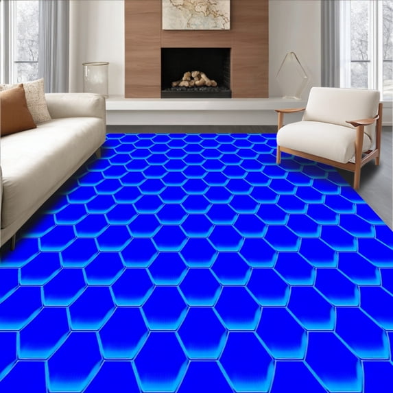 ODIKA 4'x6' Machine Washable Non-Slip Area Rug, Abstract Honeycomb Hexagonal Network with Modern Tessellation High Traffic Rug, Blue, 475859