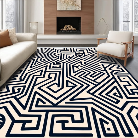 ODIKA 4'x6' Machine Washable Non-Slip Area Rug, Abstract Labyrinth Puzzle Trellis Network Junction High Traffic Rug, Black, 581847