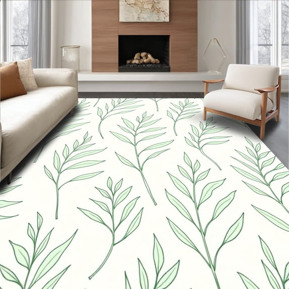 ODIKA 4'x6' Machine Washable Non-Slip Area Rug, Abstract Leaf Vein Design with Delicate Branching Lines High Traffic Rug, Green, 566272