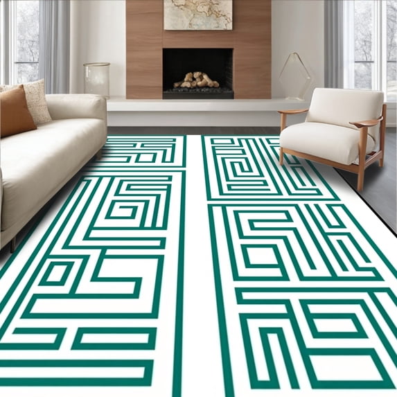 ODIKA 4'x6' Machine Washable Non-Slip Area Rug, Abstract Maze Labyrinth Framework Balanced Minimal Distinctive High Traffic Rug, Teal, 478295