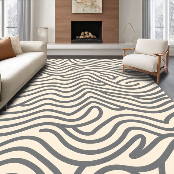 ODIKA 4'x6' Machine Washable Non-Slip Area Rug, Abstract Maze Labyrinth Zigzag Contemporary High Traffic Rug, Beige, 579160