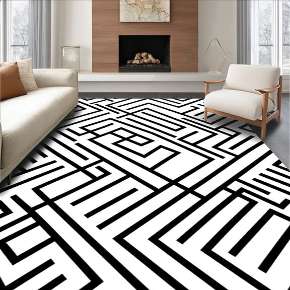 ODIKA 4'x6' Machine Washable Non-Slip Area Rug, Abstract Minimalist Maze High Traffic Rug, Black, 451365