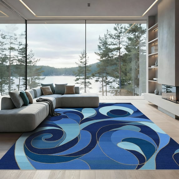 ODIKA 4'x6' Machine Washable Non-Slip Area Rug, Abstract Navy Blue High Traffic Rug, Blue, 1097376