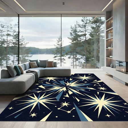 ODIKA 4'x6' Machine Washable Non-Slip Area Rug, Abstract Navy Blue High Traffic Rug, Blue, 961014