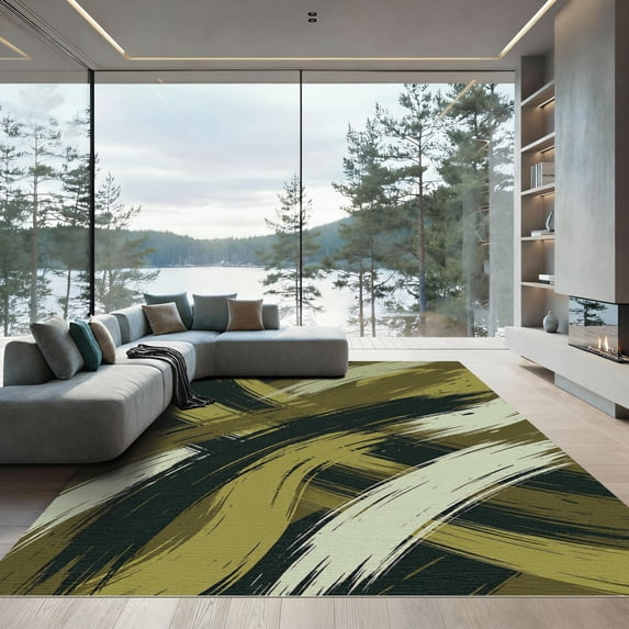 ODIKA 4'x6' Machine Washable Non-Slip Area Rug, Abstract Olive Green High Traffic Rug, Green, 1284502