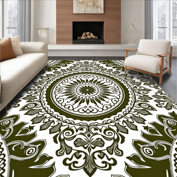 ODIKA 4'x6' Machine Washable Non-Slip Area Rug, Abstract Paisley Damask Flourish Jacquard High Traffic Rug, Green, 583576