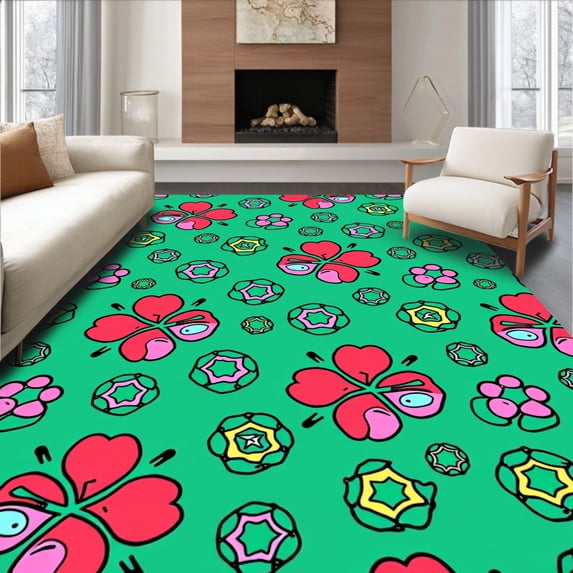 ODIKA 4'x6' Machine Washable Non-Slip Area Rug, Abstract Paw Print Mosaic Handicraft for Beginner Stitching High Traffic Rug, Green, 746105