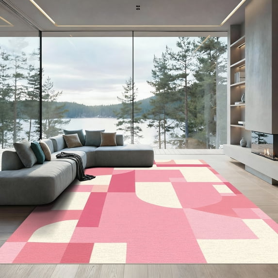 ODIKA 4'x6' Machine Washable Non-Slip Area Rug, Abstract Pink High Traffic Rug with Pad, Pink, 1058505