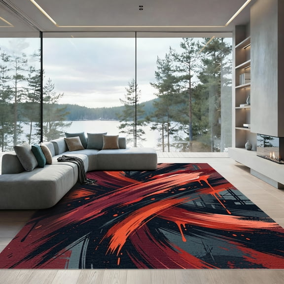 ODIKA 4'x6' Machine Washable Non-Slip Area Rug, Abstract Red High Traffic Rug, Red, 941614