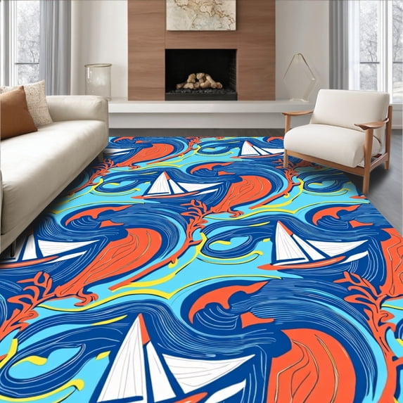 ODIKA 4'x6' Machine Washable Non-Slip Area Rug, Abstract Sailboat with Dynamic Wave Stripes and Coral Highlights High Traffic Rug with Pad, Blue, 709692