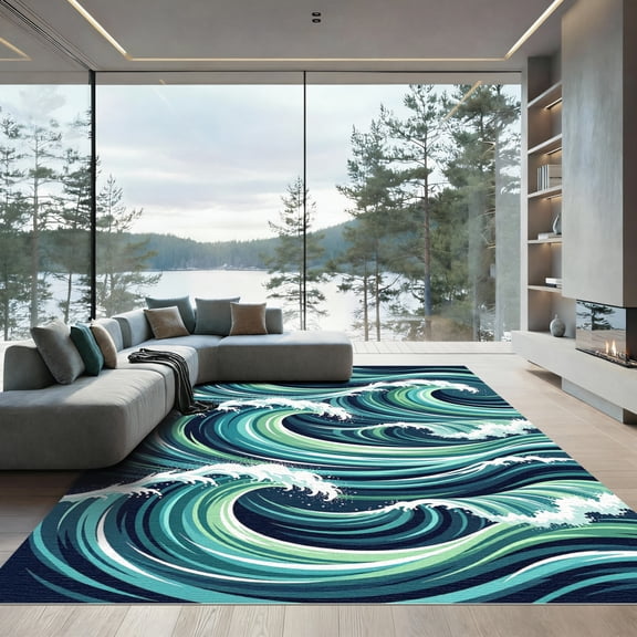ODIKA 4'x6' Machine Washable Non-Slip Area Rug, Abstract Teal High Traffic Rug, Blue, 1017633
