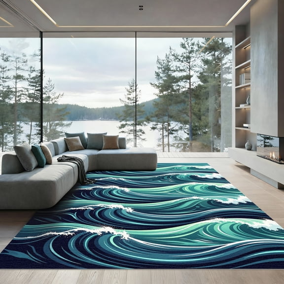 ODIKA 4'x6' Machine Washable Non-Slip Area Rug, Abstract Teal High Traffic Rug, Blue, 1017805