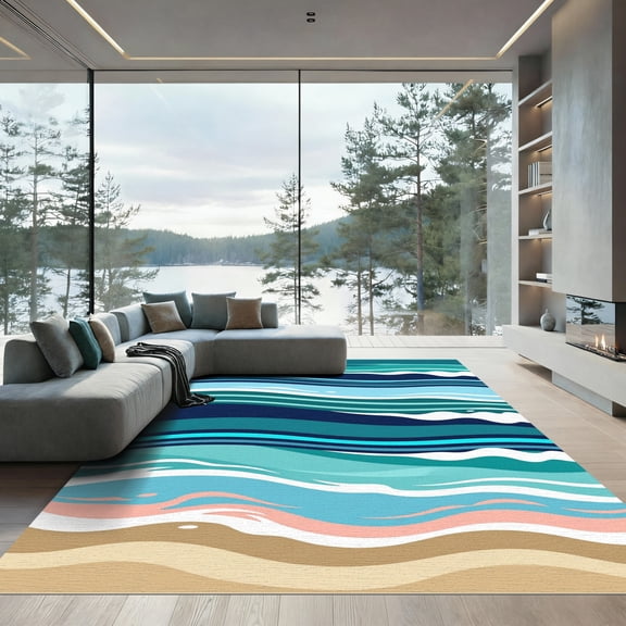 ODIKA 4'x6' Machine Washable Non-Slip Area Rug, Abstract Teal High Traffic Rug, Blue, 979554