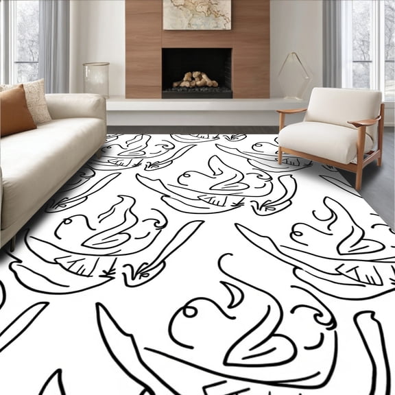 ODIKA 4'x6' Machine Washable Non-Slip Area Rug, Abstract Waterfall Cascade Swirl Ornate Contemporary Elegant High Traffic Rug, Black, 489412